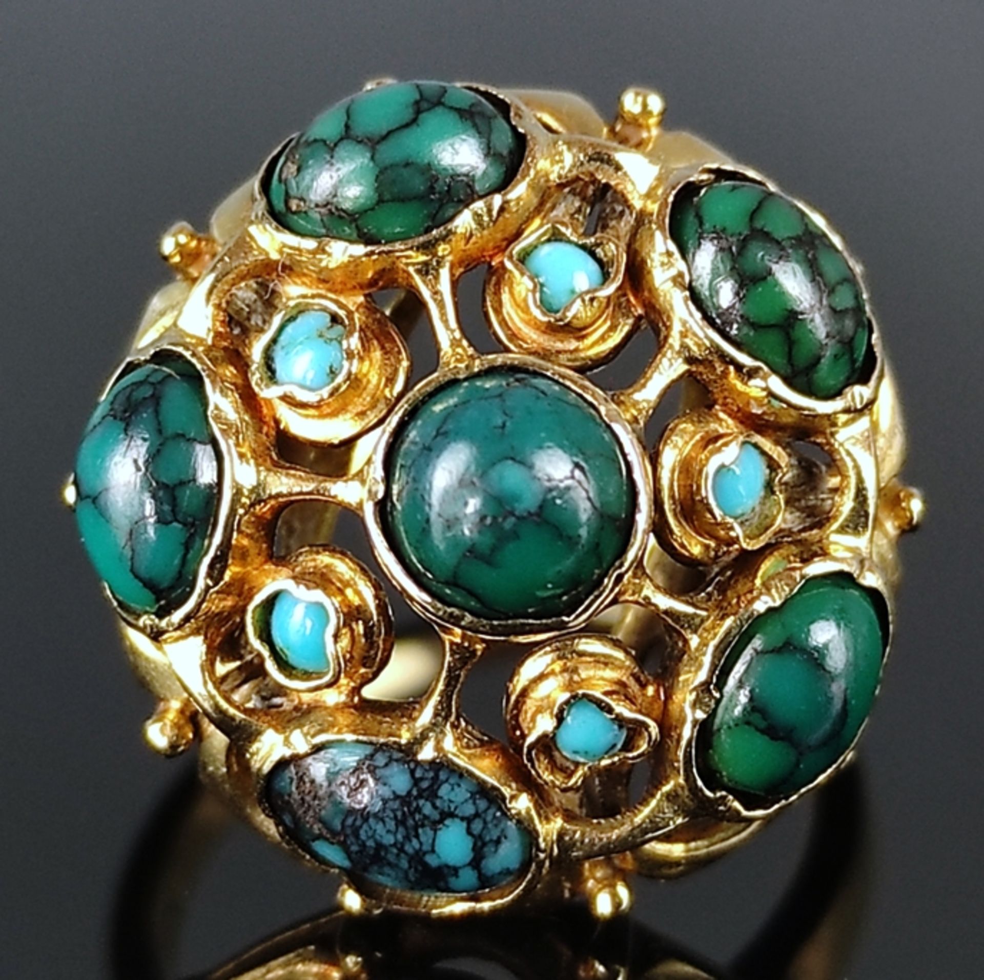 Turquoise ring set with 6 large and 5 small turquoises, 585/14K yellow gold, 6.8g, ring size 56 - Image 2 of 4