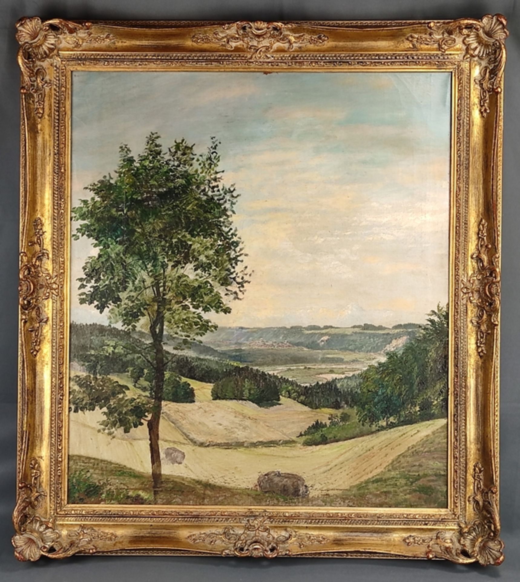 Landschaftsmaler (20. Jahrhundert) "Isartal bei Wolfratshausen", frühsommerliches Isartal mit Bergp - Bild 2 aus 5