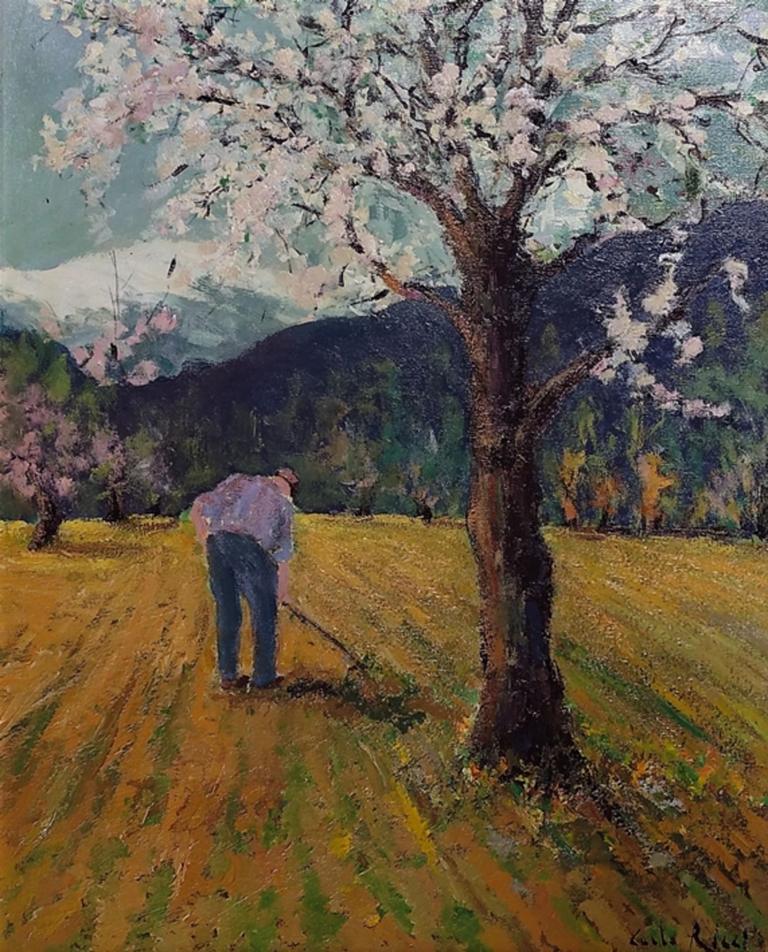 Ricci, Carlo (1931 Italien) "Lavoro nei Campi", Feldarbeit im Frühling, Öl auf Leinwand, rechts unt