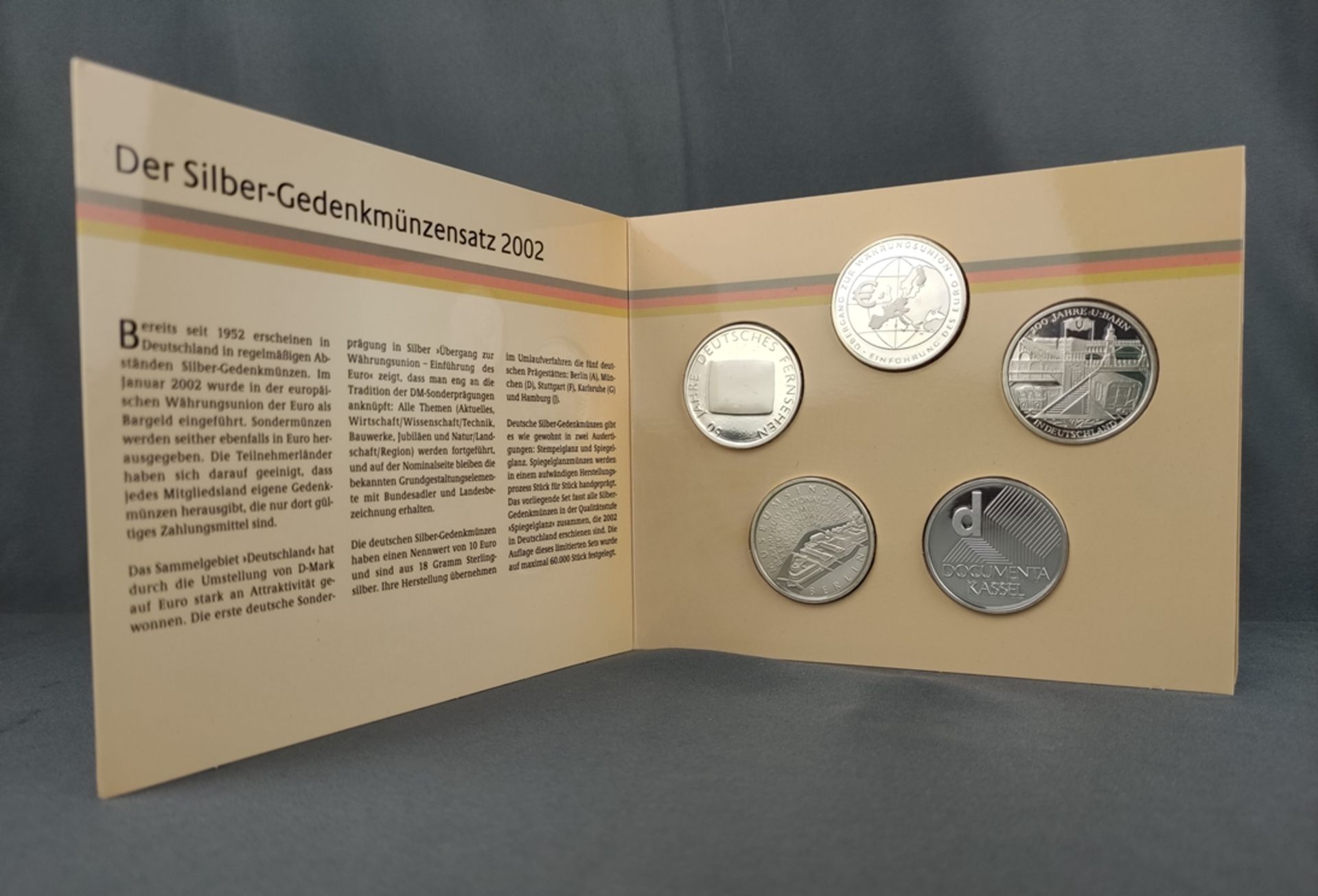 Silber-Gedenkmünzenset, BRD, 2002, mit 5x10 Euro Silbermünzen, in Schuber