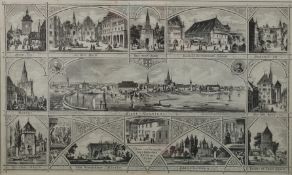 Ansichtenblatt Konstanz, mittig Stadtansicht von Südosten aus, umrandet von 14 weiteren Stadtansich