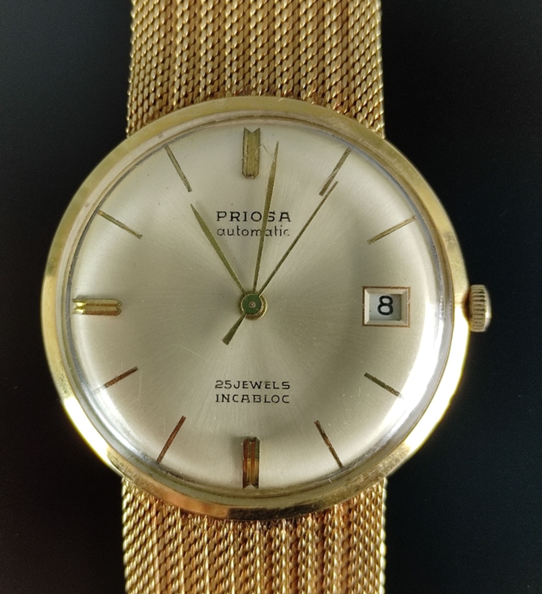 Armbanduhr, Priosa, rundes Ziffernblatt mit Goldindizes, Tagesanzeige, Automatik, flexibles Flechta - Bild 3 aus 4
