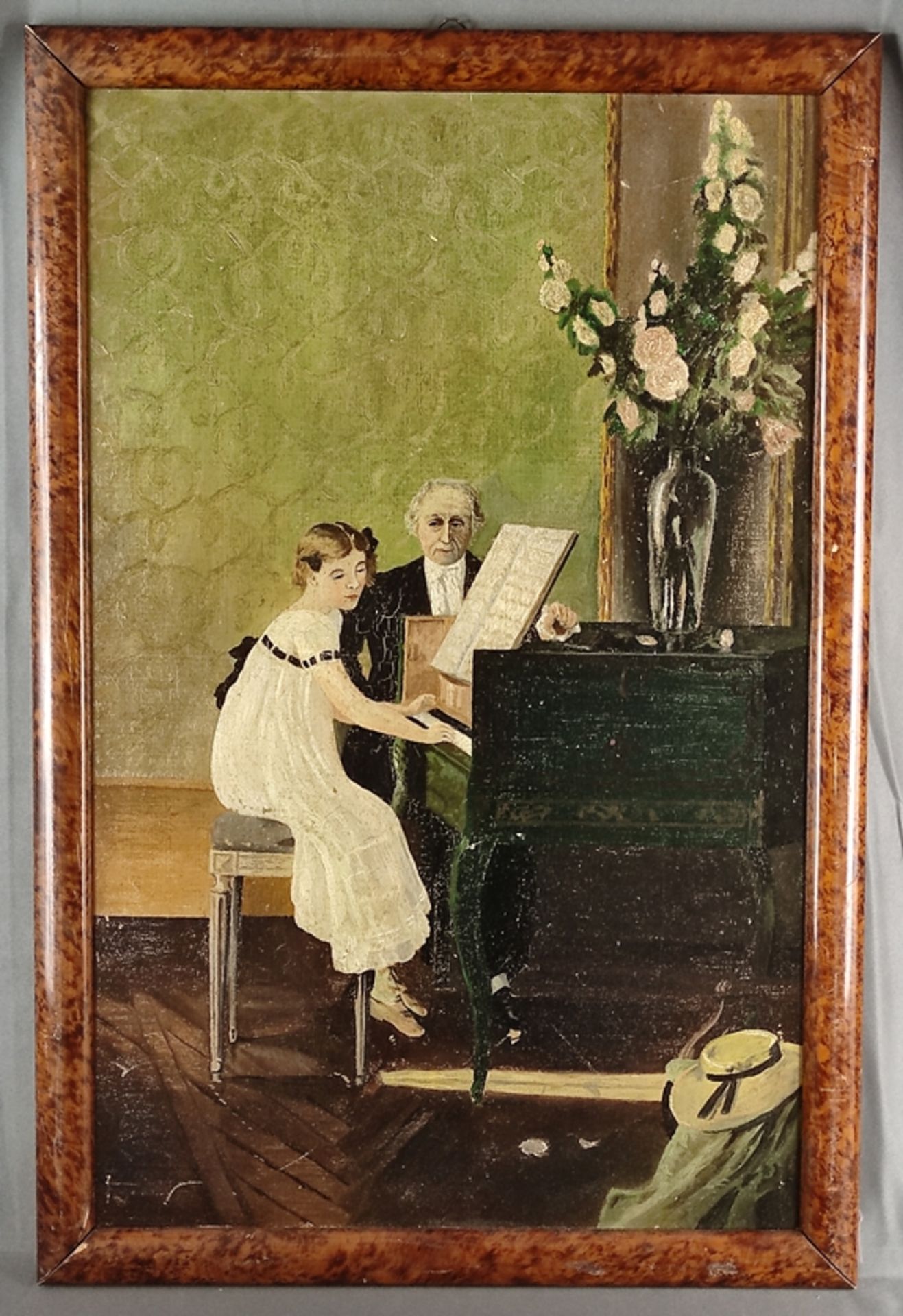 Künstler des 19. Jahrhunderts, "Klavierstunde", Mädchen an Klavier sitzend, dahinter Lehrer, auf de - Bild 2 aus 3