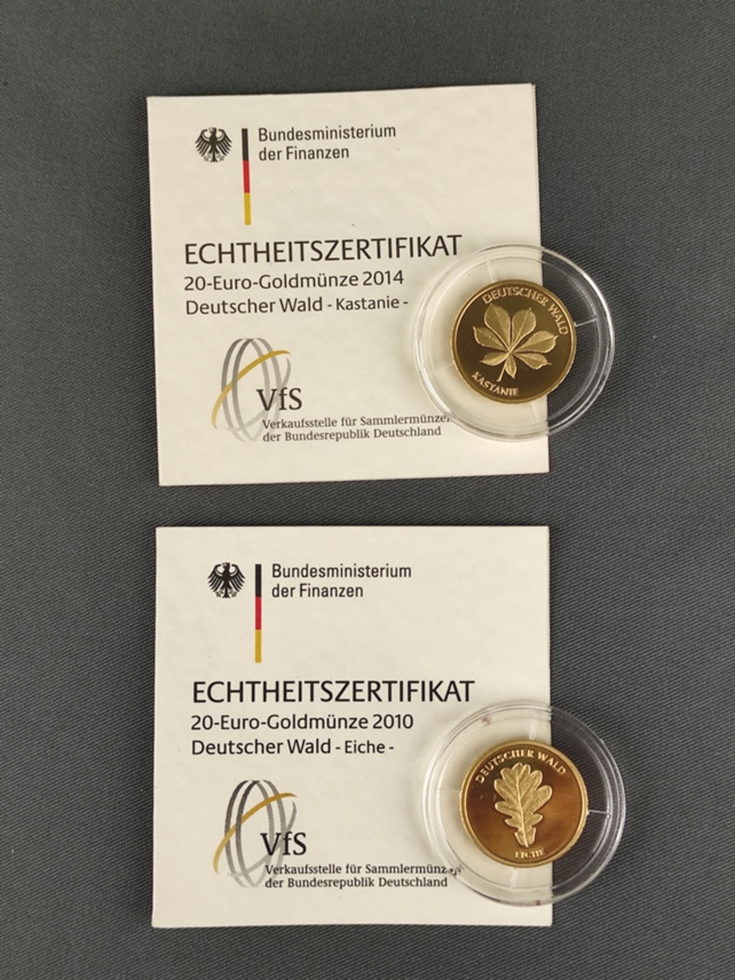 2 Goldmünzen, 20 Euro, "Deutscher Wald", limitierte Auflagen, bestehend aus: Kastanie, Prägeanstalt - Bild 2 aus 2