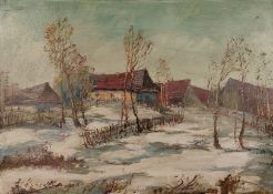 Tschechischer Künstler (20. Jahrhundert) "Verschneites Dorf", Öl auf Malkarton, links unten unleser
