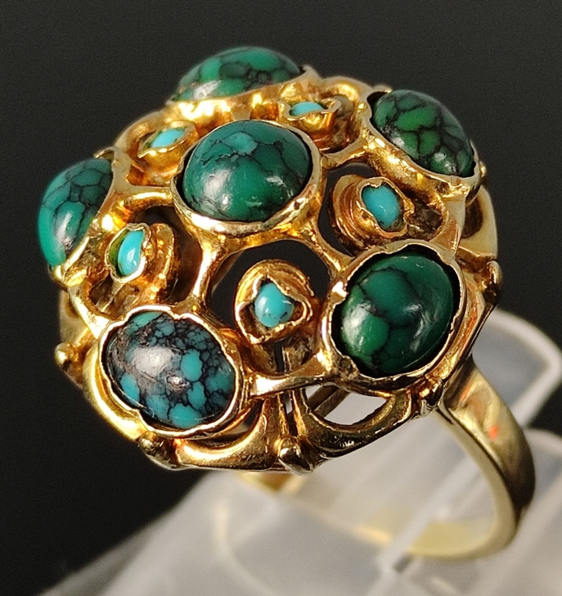 Turquoise ring set with 6 large and 5 small turquoises, 585/14K yellow gold, 6.8g, ring size 56 - Image 3 of 4