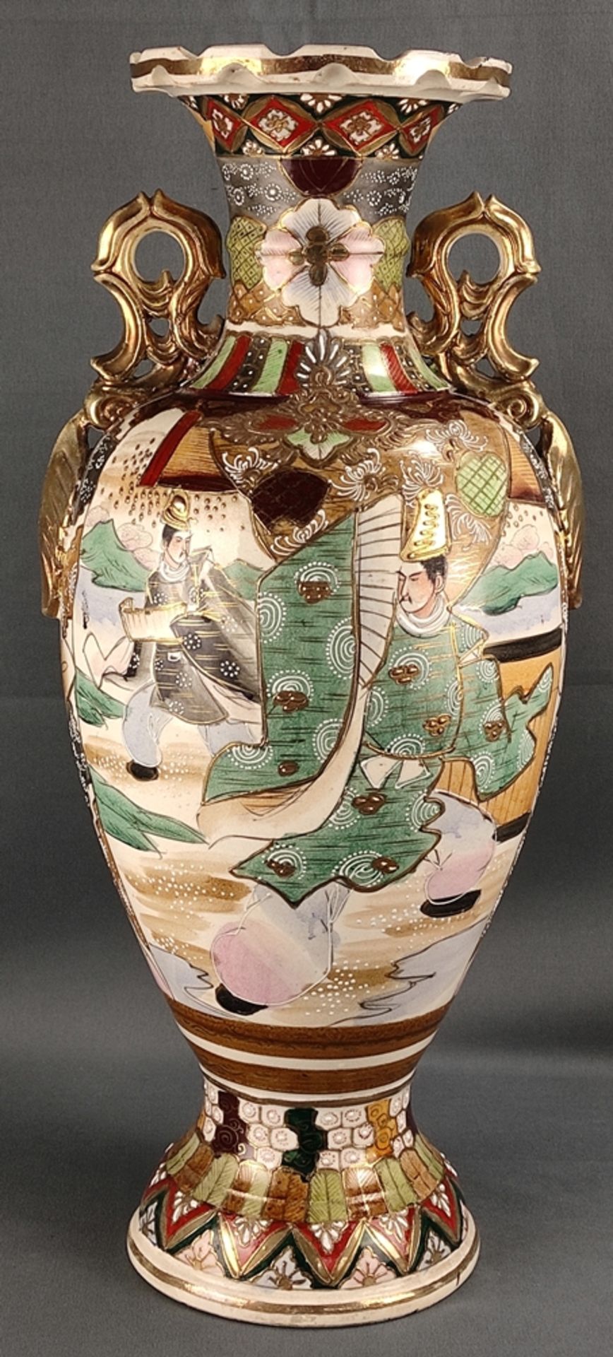 Large baluster vase with two side handles, Japan, c. 1910, polychrome painted, one side scene with  - Image 2 of 3