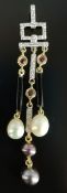 Chain pendant, with three hanging elements, each with pearl finials, set with small diamonds, 585/1