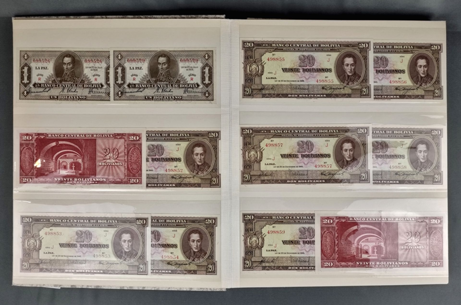 Album mit 117 Scheinen, bestehend aus: 17x 1 Boliviano, 1928/1952, 10x 20 Bolivianos, 1945, 1xOne D