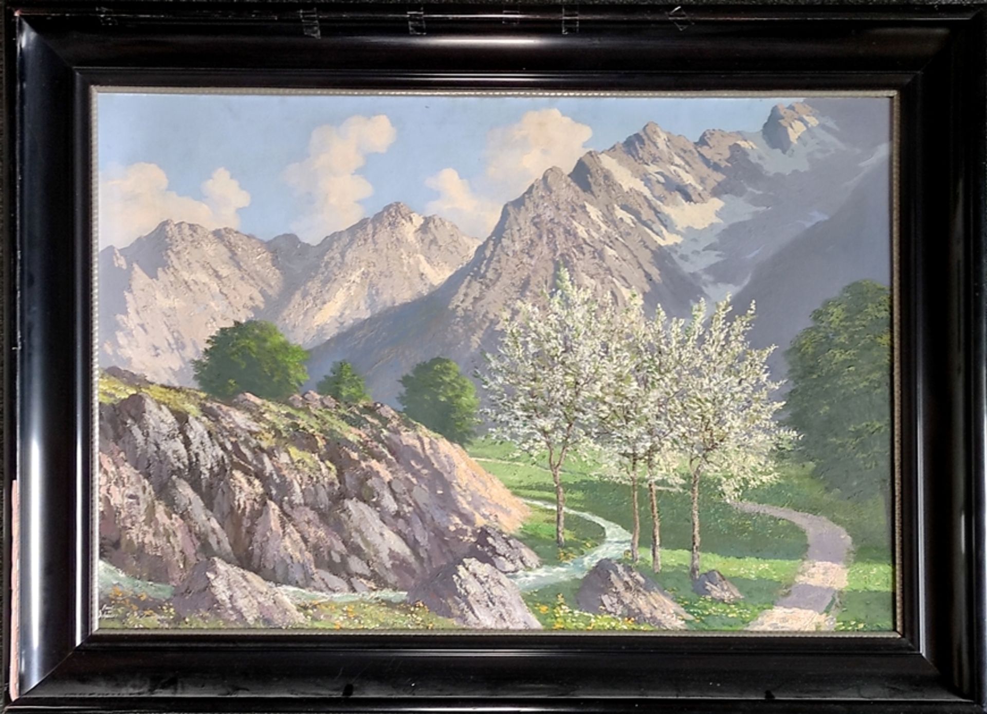 Schüler, Paul (19./20. Jahrhundert) "Berglandschaft" im Frühling, im Vordergrund Weg mit blühenden  - Bild 2 aus 4