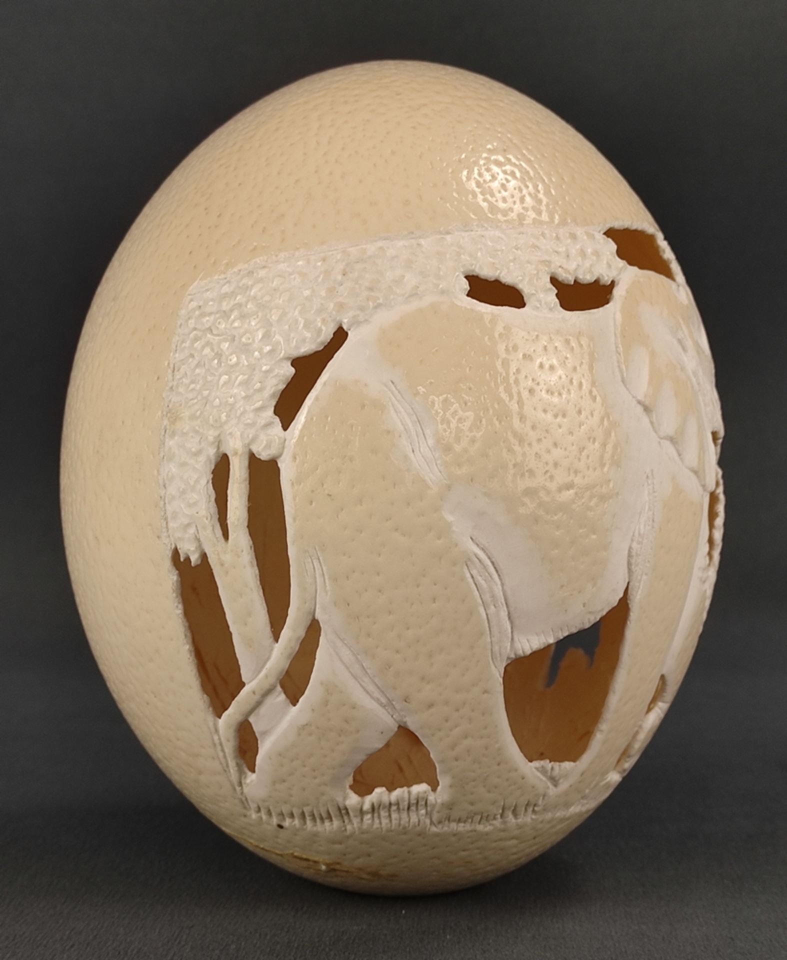 Ostrich egg carved in relief as elephant and trees, Africa, l 16 cm - Image 2 of 2