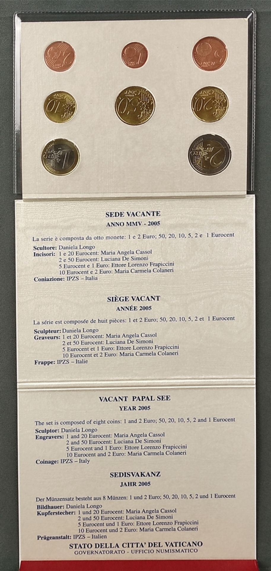 Vatikan KMS 2005, Sedesvakanz, 8 Münzen, 1 und 2 Euro, 50, 20, 10, 5, 2 und 1 Eurocent, Originalbli - Bild 2 aus 2