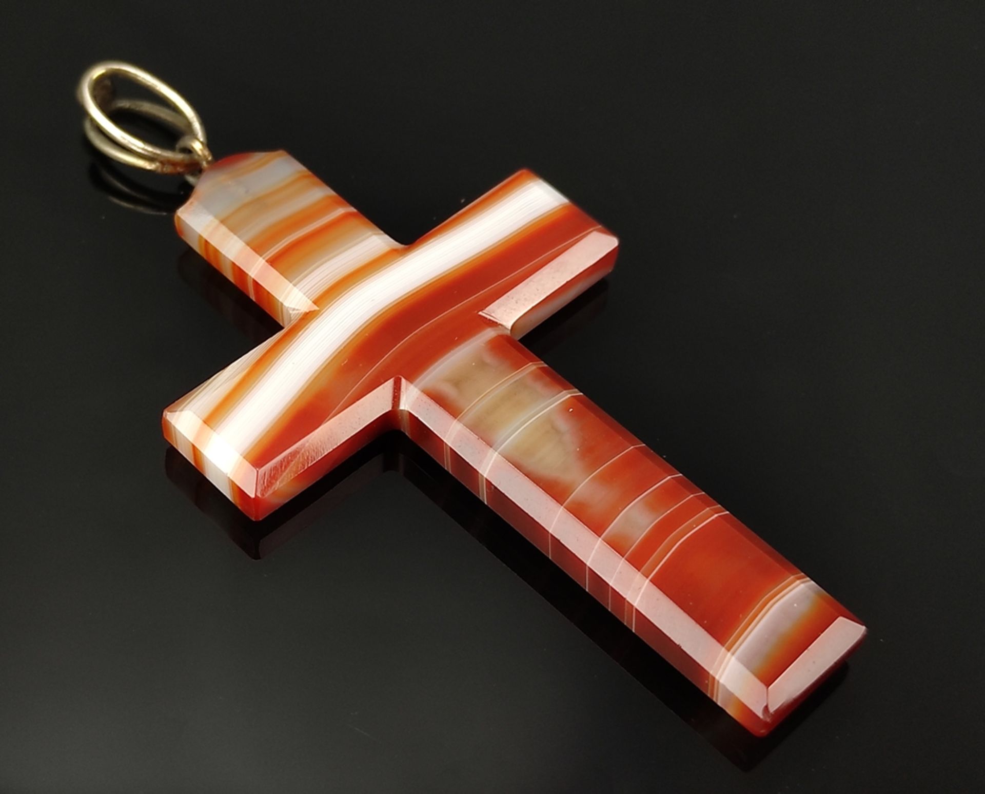 Großes Achat-Kreuz, als Anhänger, braun/orange/weiß, Metallöse, 6,5x4,8cm - Bild 2 aus 2