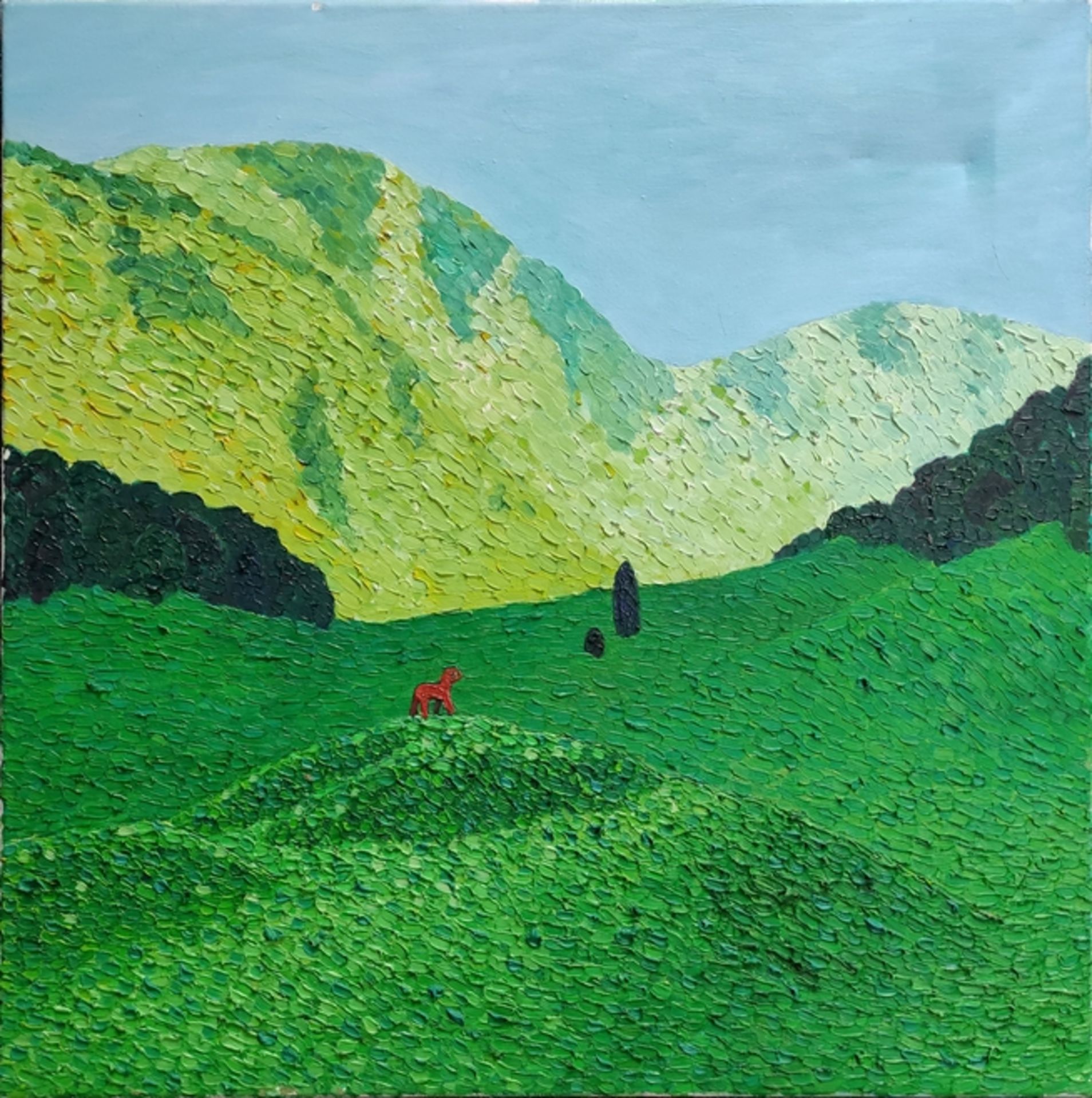 Budian, Stefan (1965 Kaiserslautern) "Bergblick", sommerliche Landschaft mit rotem Wesen, Öl auf Le