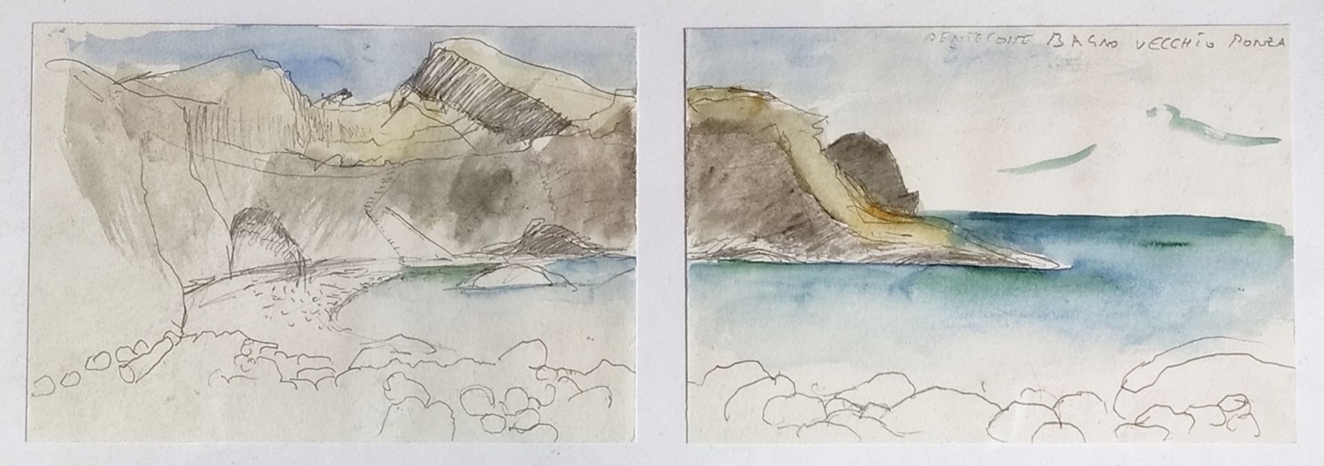 Italienischer Aquarellist (20. Jahrhundert) "Ponza", eindrucksvoller Blick auf die Küste mit Strand