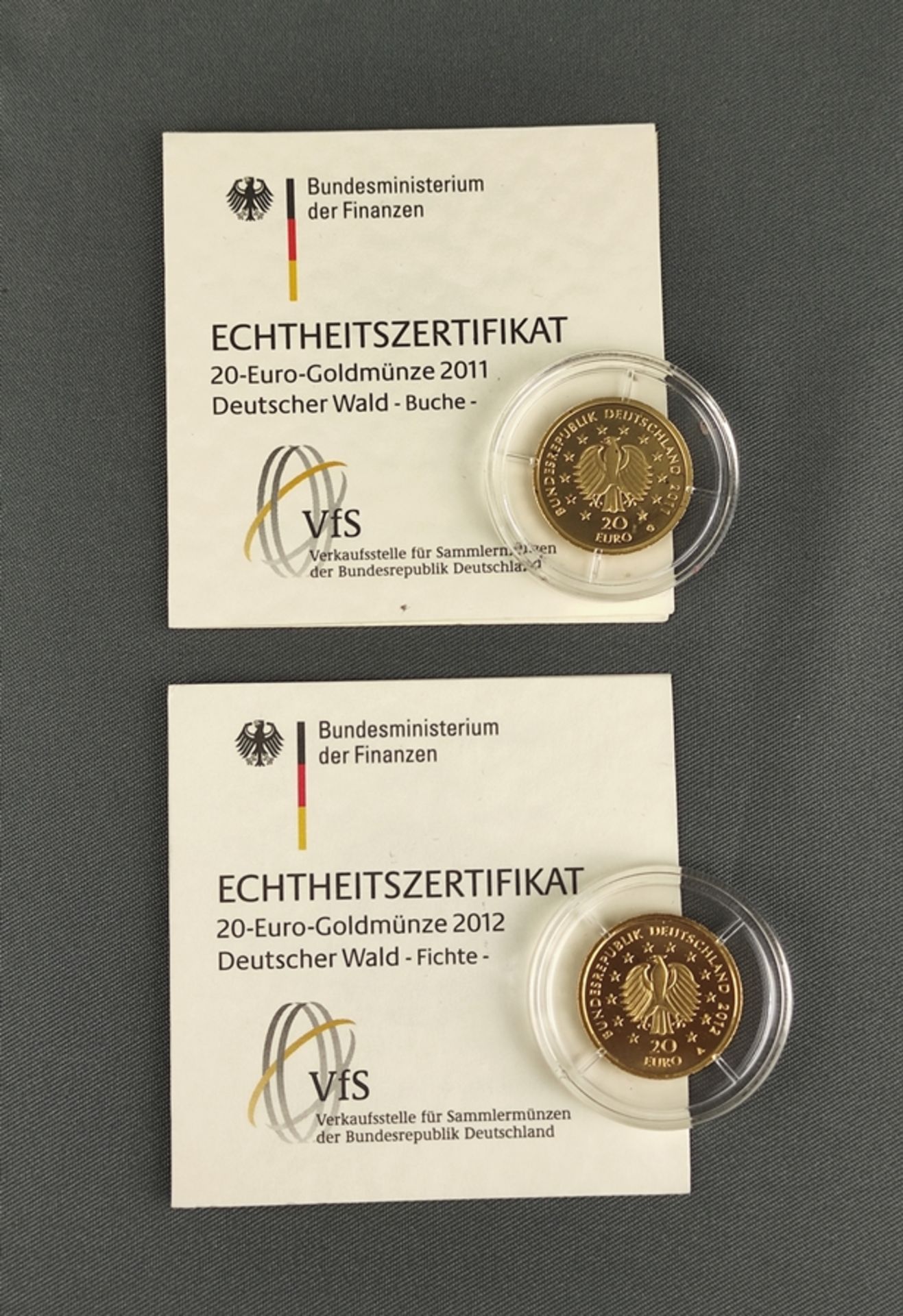 2 Goldmünzen, 20 Euro, "Deutscher Wald", limitierte Auflagen, bestehend aus: Fichte, Prägeanstalt A