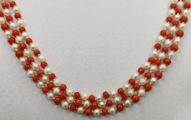 Long coral pearl necklace, 3-row, round 585/14K yellow gold clasp, goldsmith design, Italy, length 