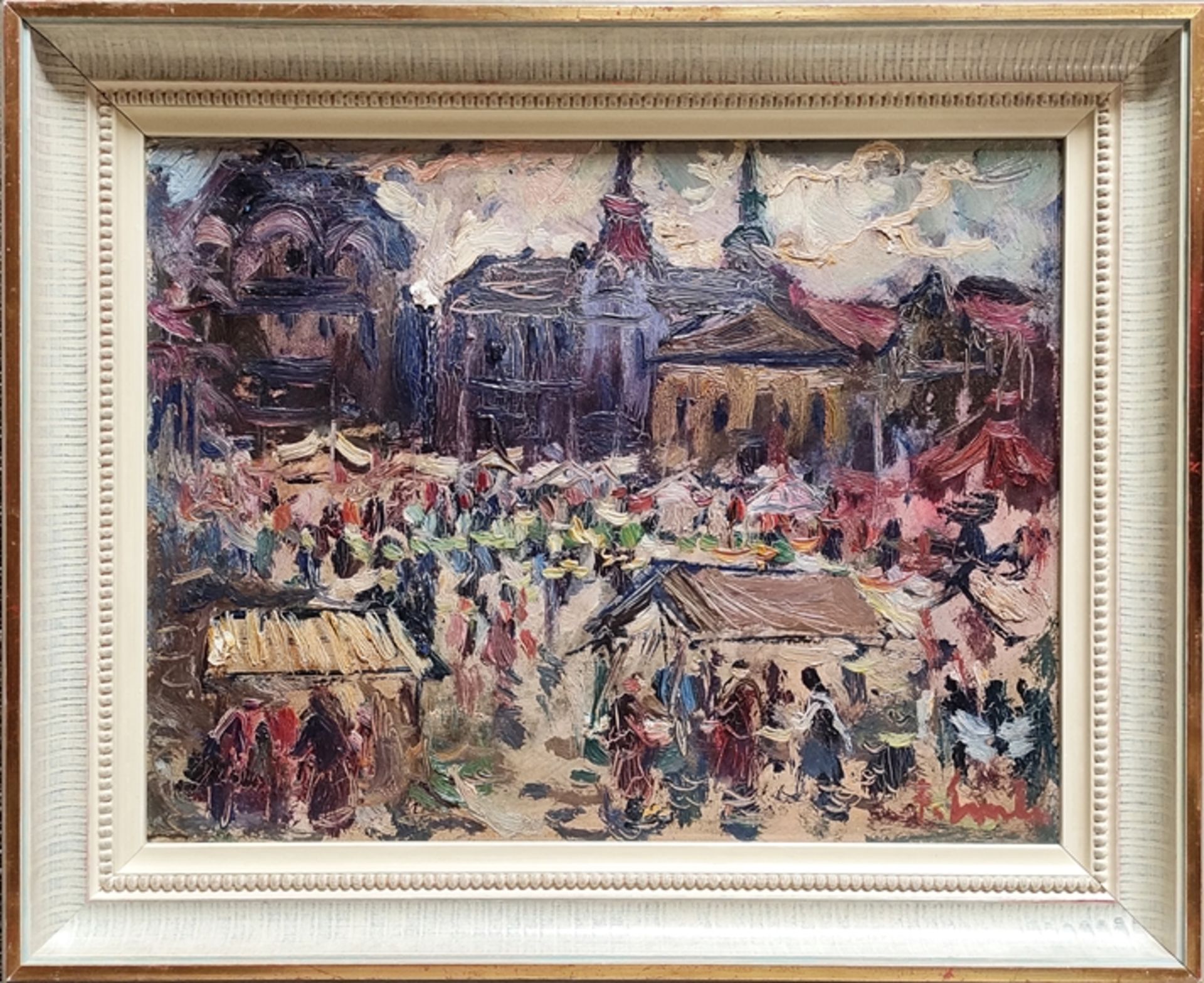 Frantisek, Emler (1912 Prelouc - 1992 Prag) "Marktplatz", wohl Prag, mit vielen Ständen, im Hinterg - Bild 2 aus 4