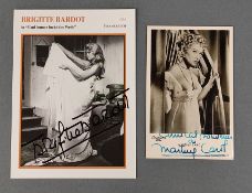 2 Autogramme, Bardot und Carol, Vintage Postkarten-Photographie mit eigenhändiger Unterschrift, zei