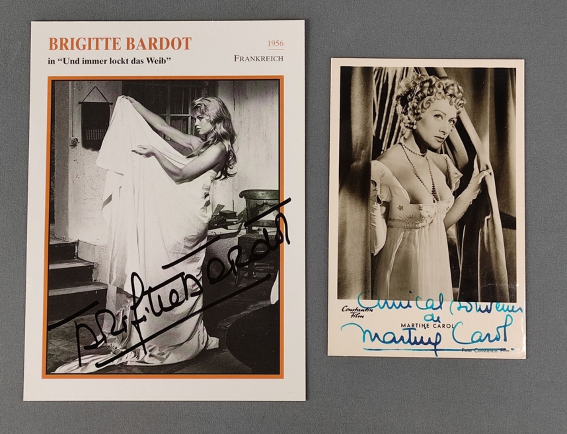 2 Autogramme, Bardot und Carol, Vintage Postkarten-Photographie mit eigenhändiger Unterschrift, zei