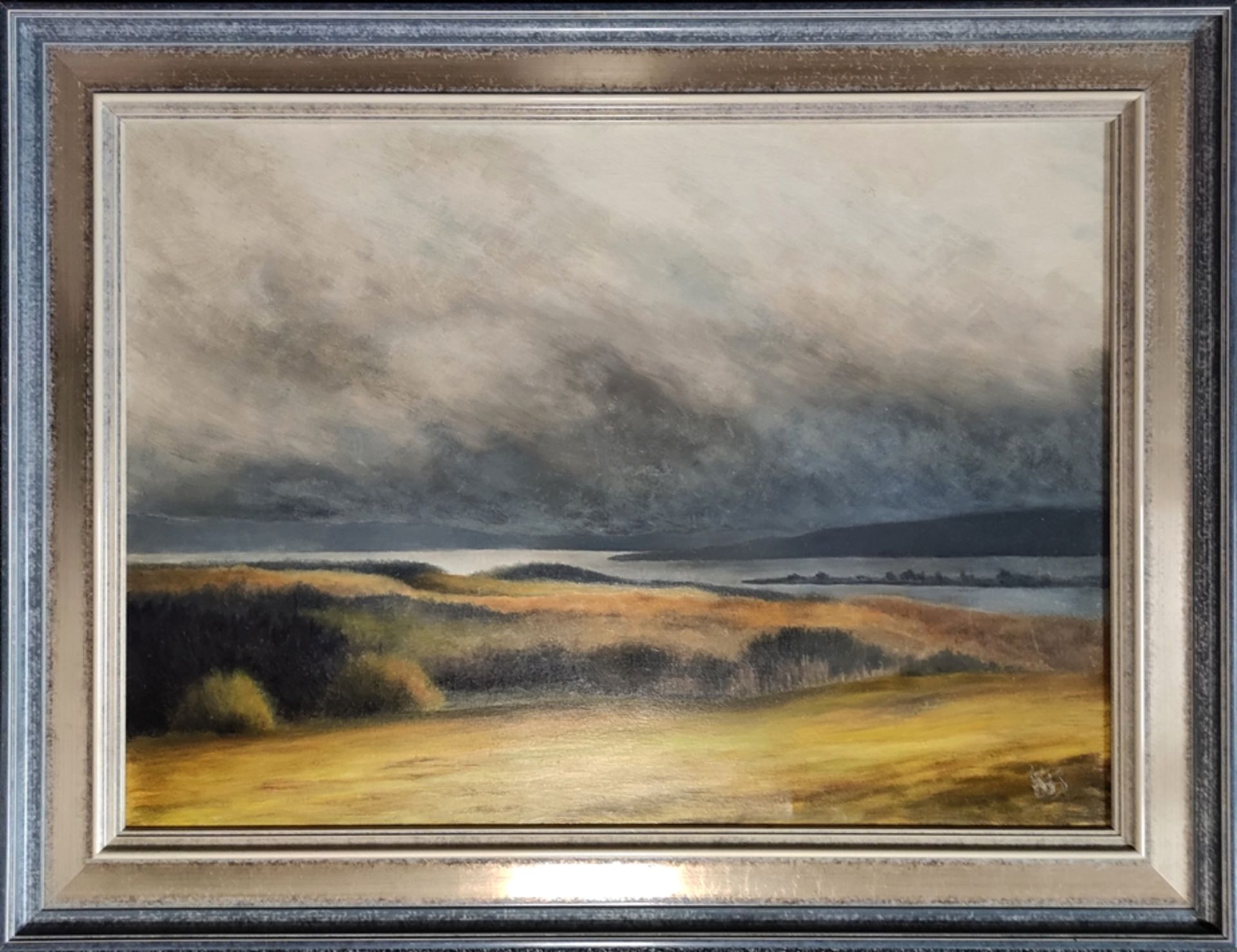 Bäuerle, Klaus (1943 Konstanz) "Aufziehender Herbststurm", stimmungsvoller Bodenseeblick, Öl auf Le - Bild 2 aus 4