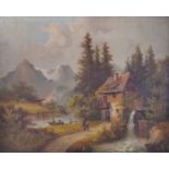 Landschaftsmaler (19. Jahrhundert) "Alpine Landschaft mit Mühle", Personenstaffage in Tracht, im Hi