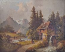 Landschaftsmaler (19. Jahrhundert) "Alpine Landschaft mit Mühle", Personenstaffage in Tracht, im Hi