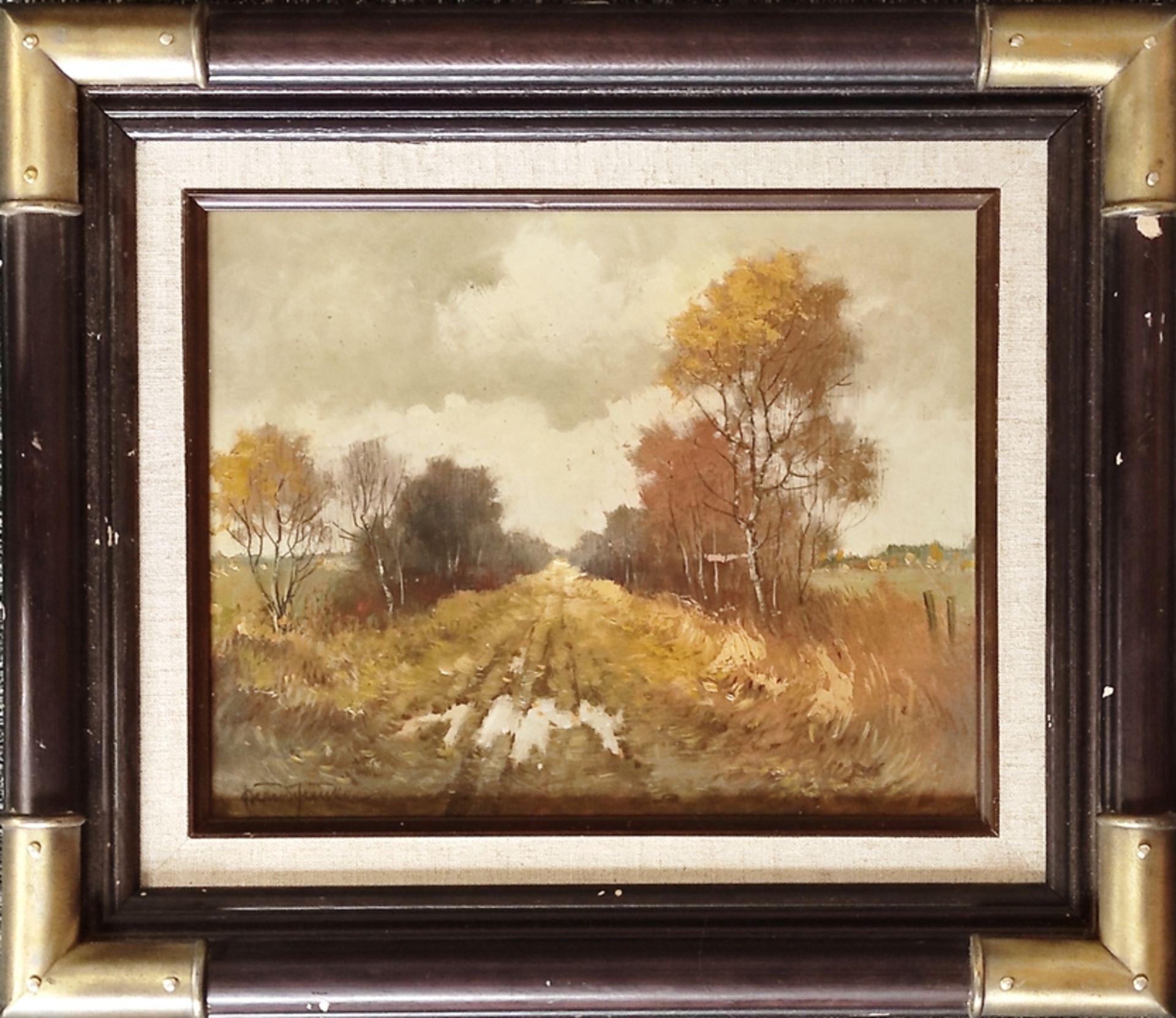 Funke, Bernd (1902 Essen - 1988 Heide) "Dithmarscher Landschaft", mit Feldweg und Bäumen, Öl auf Pl - Bild 2 aus 5