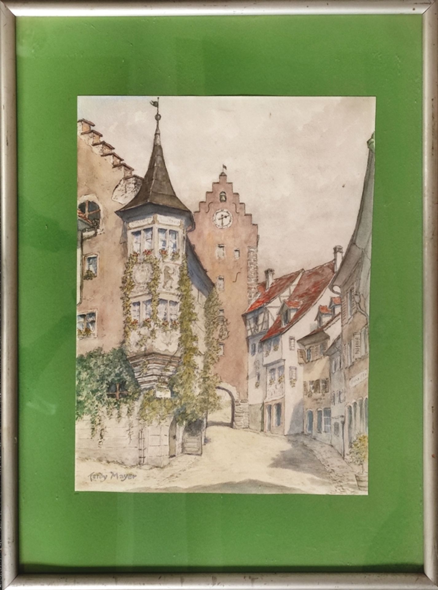 Mayer, Ferdy (20. Jahrhundert) "Altstadt Meersburg", feine aquarellierte Bleistiftzeichnung, links  - Bild 2 aus 4