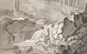Zingg, Adrian (1734 St. Gallen - 1816 Leipzig) "Landschaft mit Wasserfall", aquarellierte Tusche au