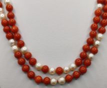 Long coral pearl necklace, round 585/14K yellow gold clasp, goldsmith design, italy, length 100cm