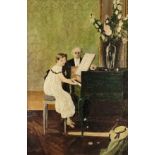 Künstler des 19. Jahrhunderts, "Klavierstunde", Mädchen an Klavier sitzend, dahinter Lehrer, auf de