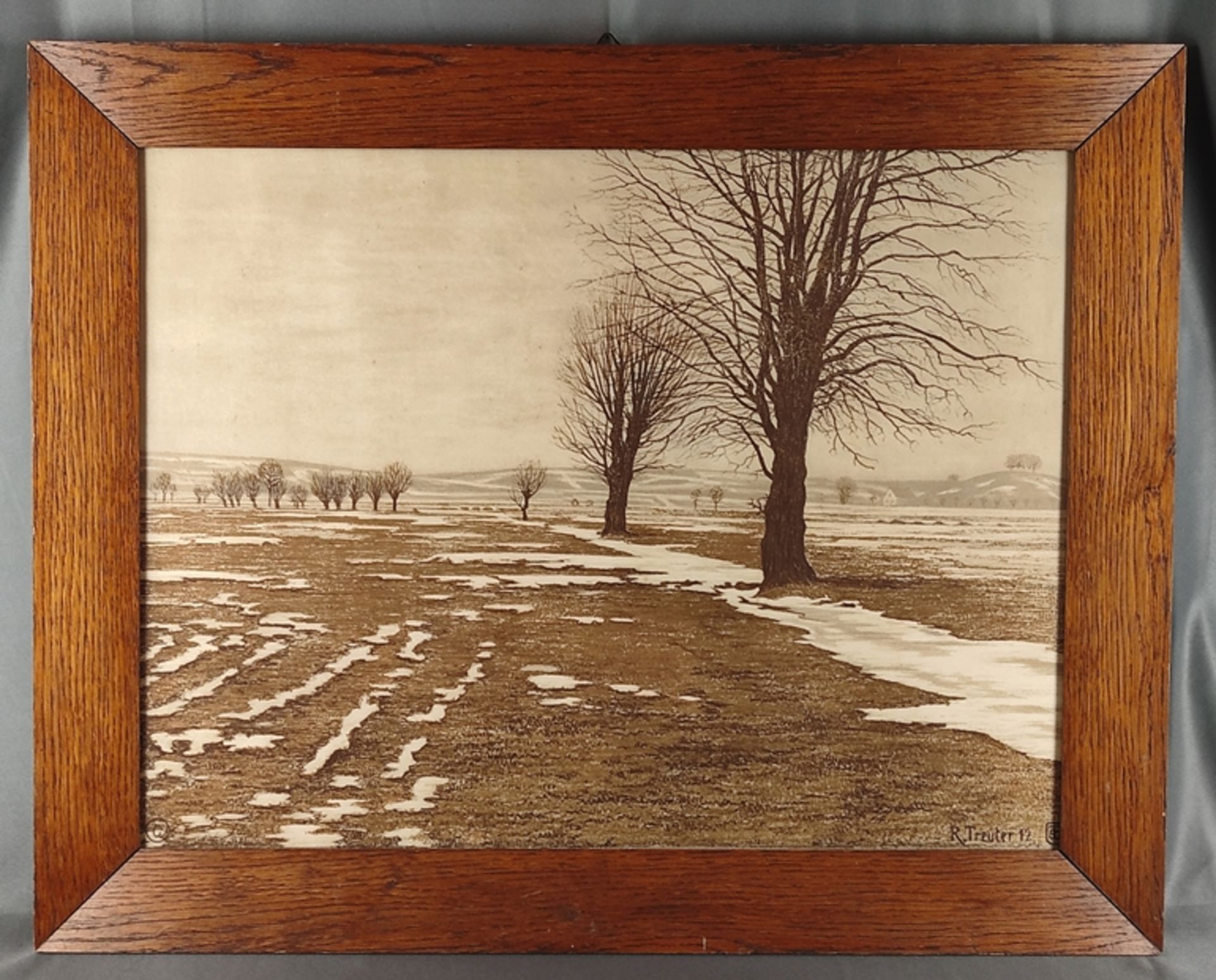 Treuter, Rudolf (1874 - 1950) "Letzter Schnee", Blick auf ein Feld mit vereinzelten Bäumen, rechts  - Bild 2 aus 3