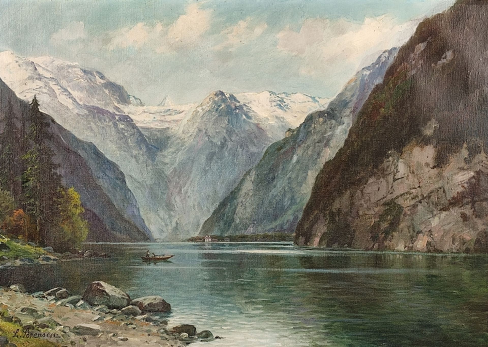 Sorensen, Lauritz (1882 Aalborg -1968) "Bergsee", idyllischer See mit kleinem Fischerboot und Häuse