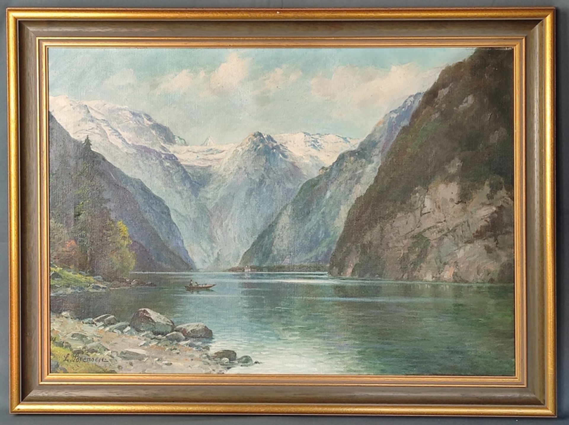 Sorensen, Lauritz (1882 Aalborg -1968) "Bergsee", idyllischer See mit kleinem Fischerboot und Häuse - Bild 2 aus 4