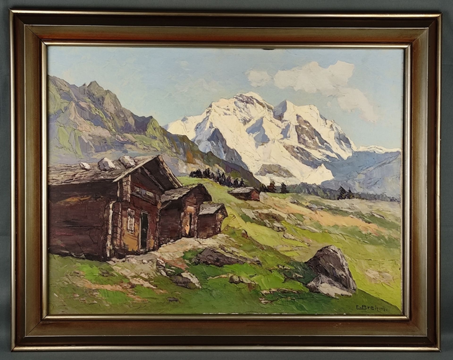 Brehm, Emil (1880-1954 Munich) "Jungfrau in Wengen", with an alpine hut and mountain panorama, oil  - Image 2 of 4