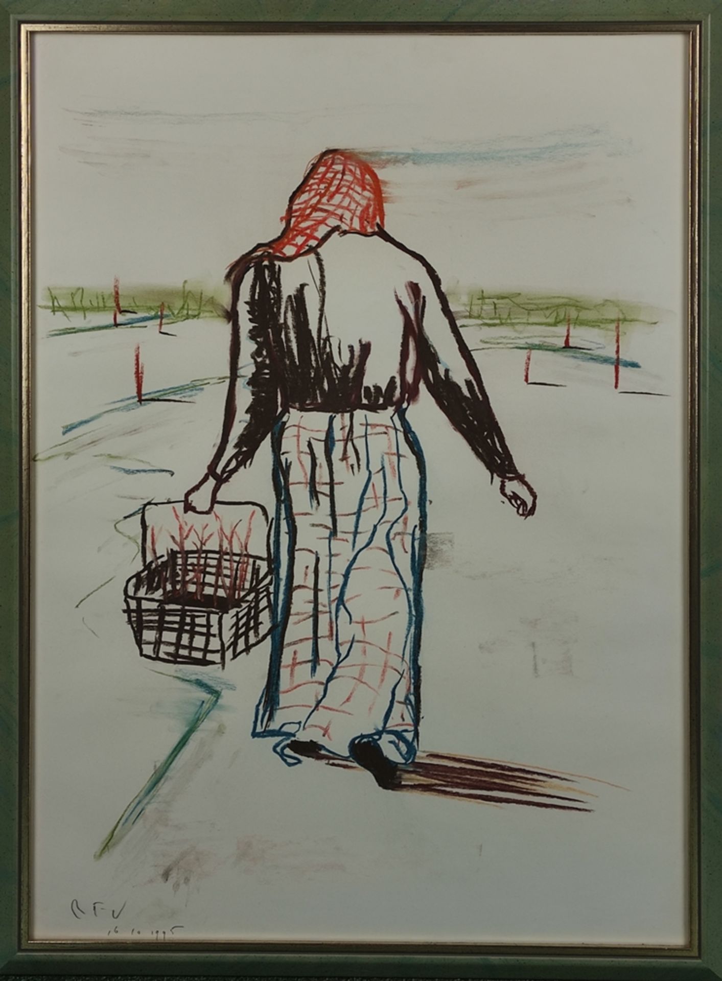 Versloot, Ronald (1964 Apeldoorn) "Frau mit Korb", Wachsmalkreide auf Papier, links unten monogramm - Bild 2 aus 3