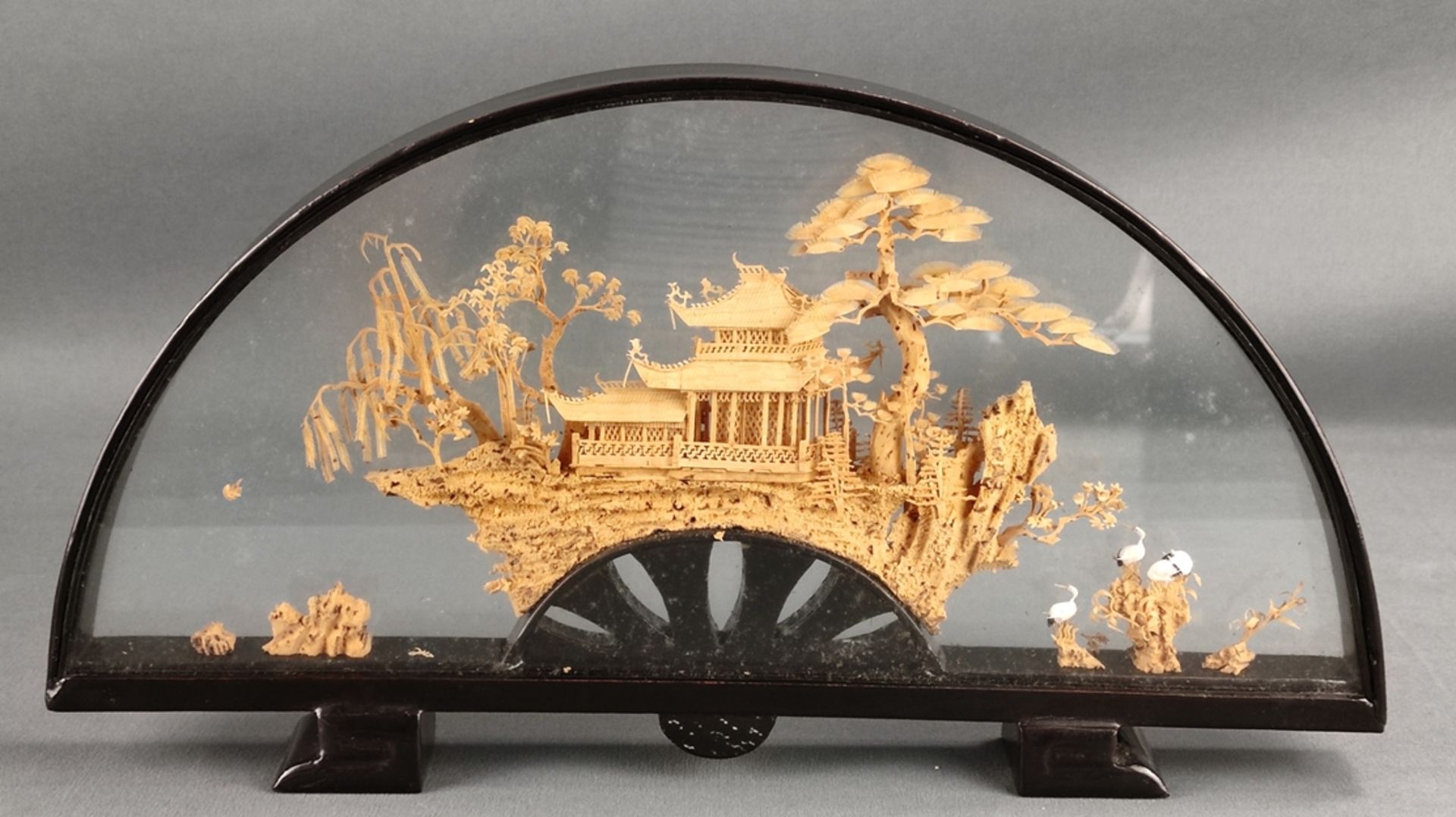 Two showcases, pagoda with cranes and trees on rocks, fine carving from cork, in semicircular showc - Image 2 of 2