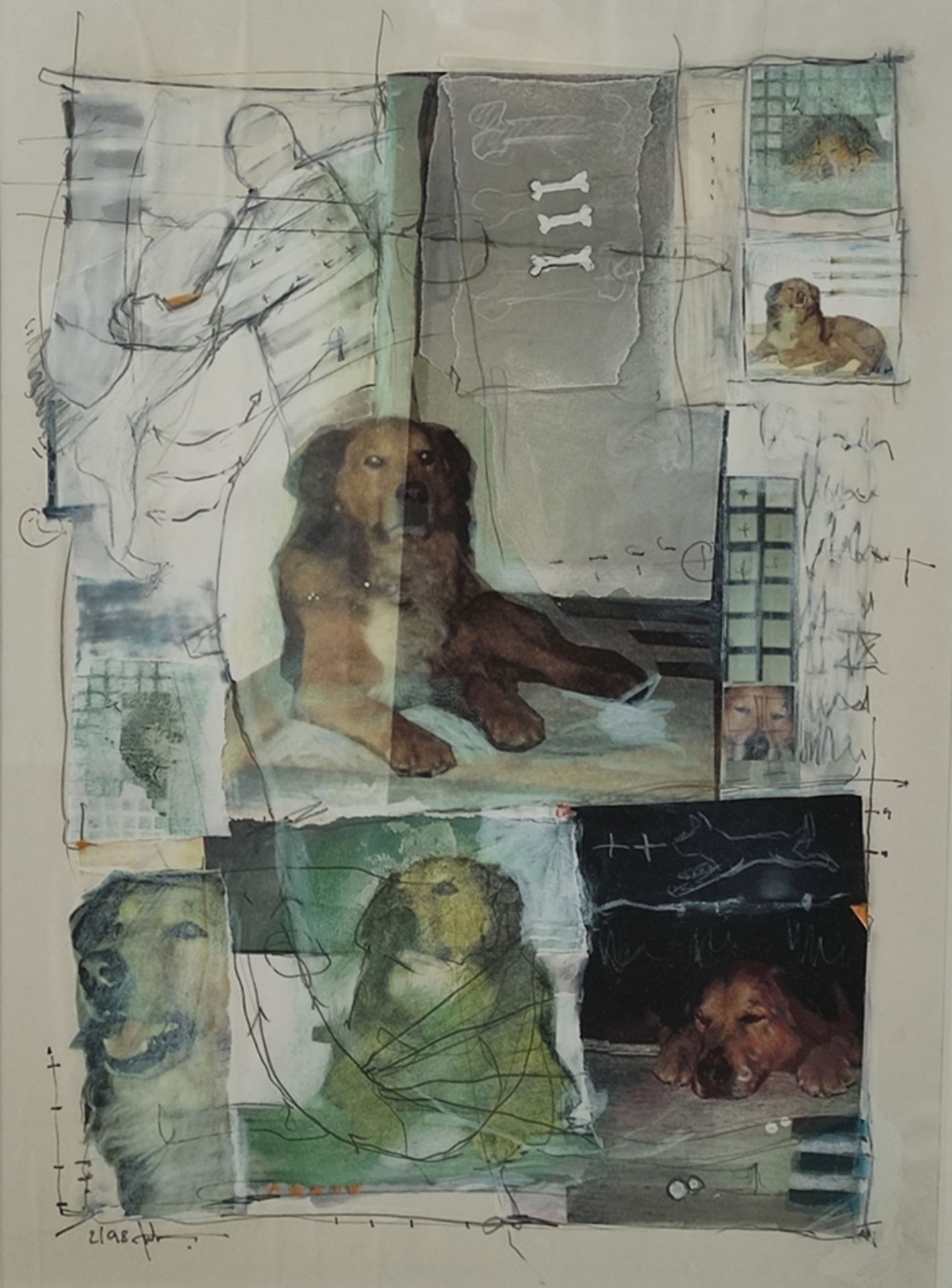 Möhrle, Peter (1952 - 2002 Radolfzell) "Hundeliebe", Mischtechnik mit Collage-Elementen, links unte
