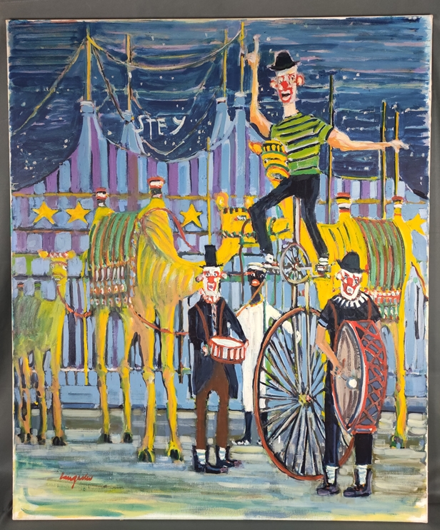 Hangarter, Walter (1929 Konstanz-1995 Tägerwilen) "Circus Stey", clowns and camels in front of the  - Image 2 of 4