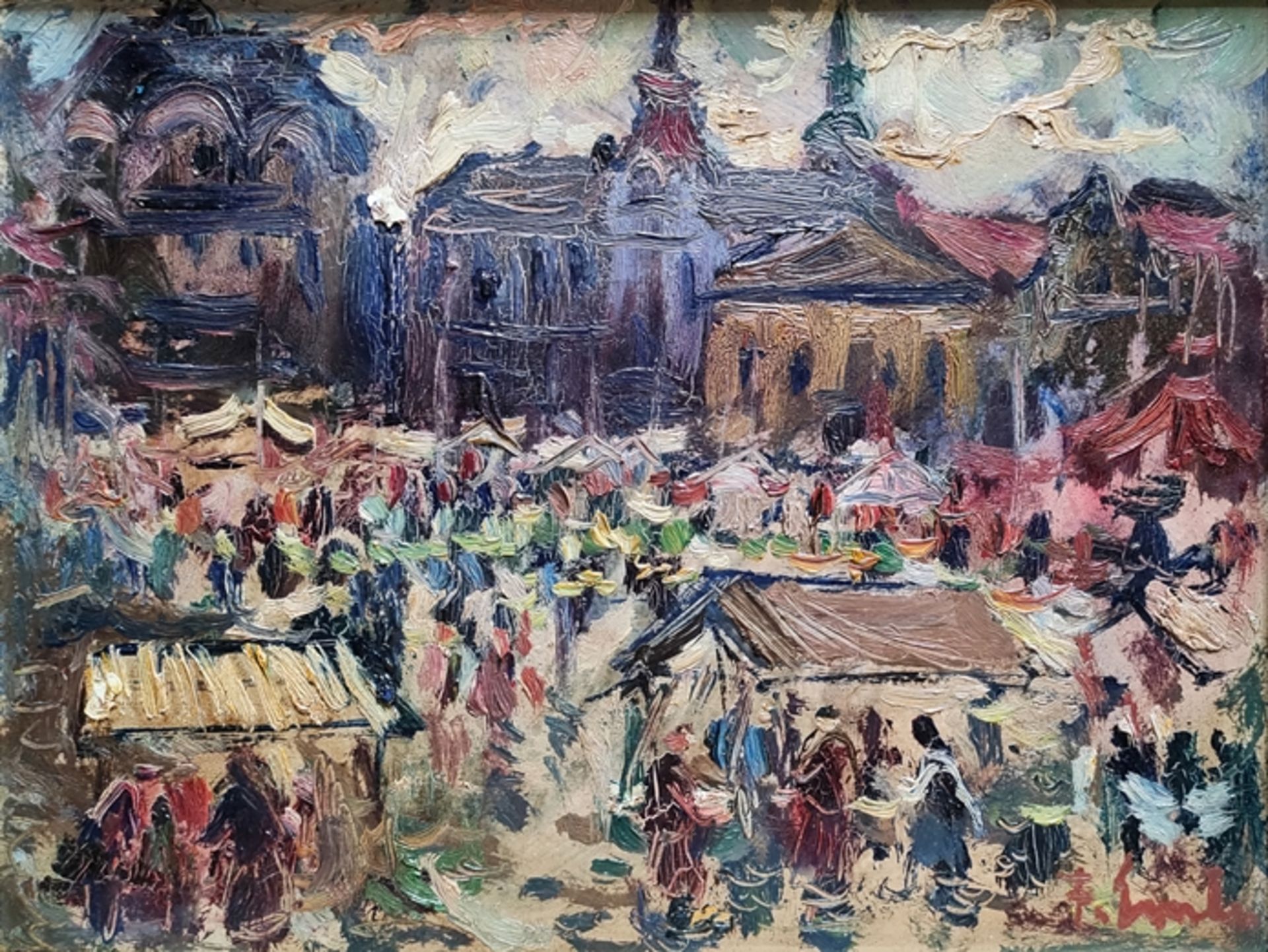 Frantisek, Emler (1912 Prelouc - 1992 Prag) "Marktplatz", wohl Prag, mit vielen Ständen, im Hinterg