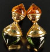Paar Bulgari-Ohrringe, mit Zitrin und Peridot, je zwei kleine Brillanten, signiert, 750/18K Gelbgol