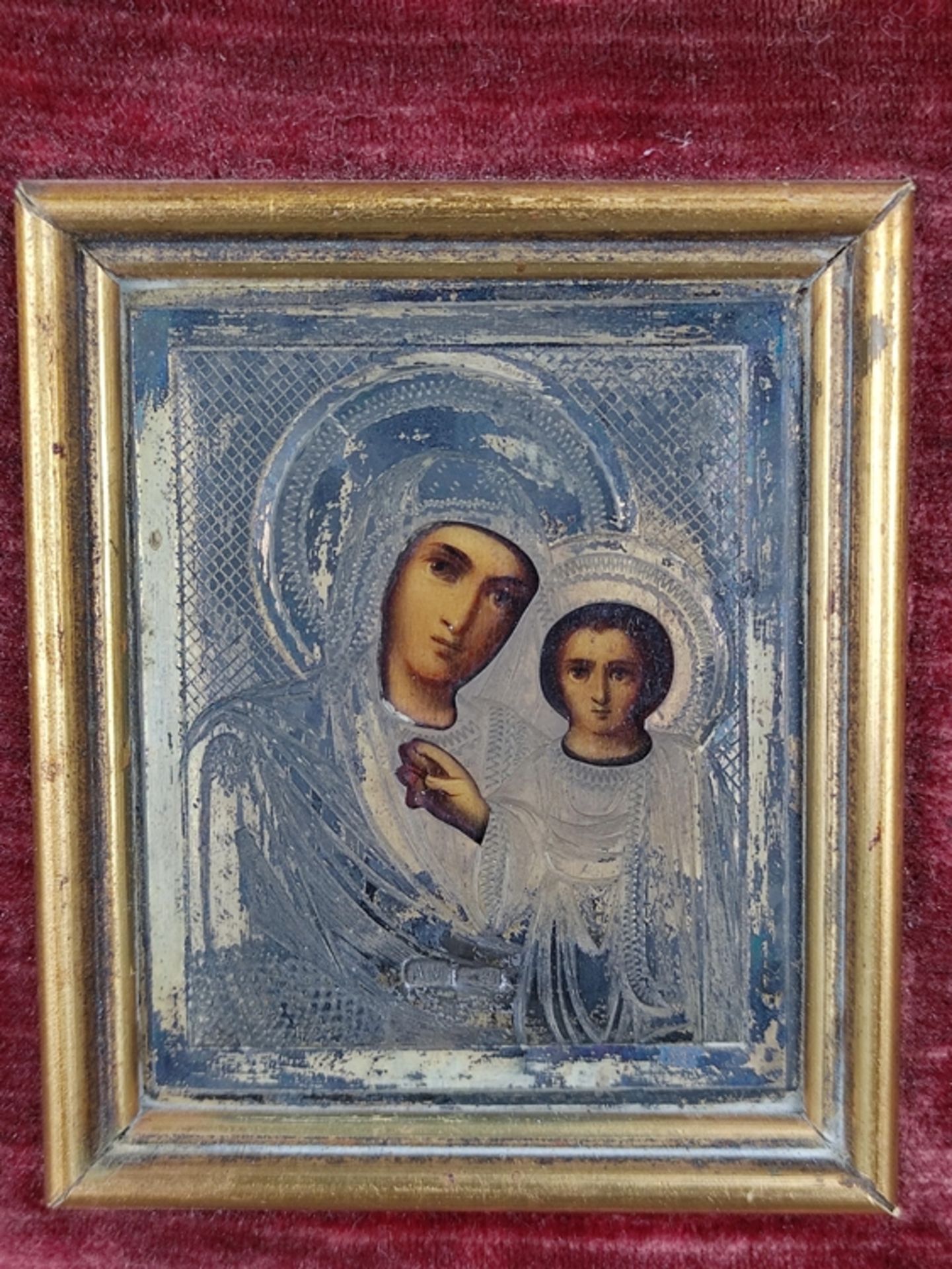 Ikone mit Gottesmutter von Kazan, Oklad, Silber 84 Zolotniki, Russland, Silberschmied Marke "AM", 1 - Bild 2 aus 3