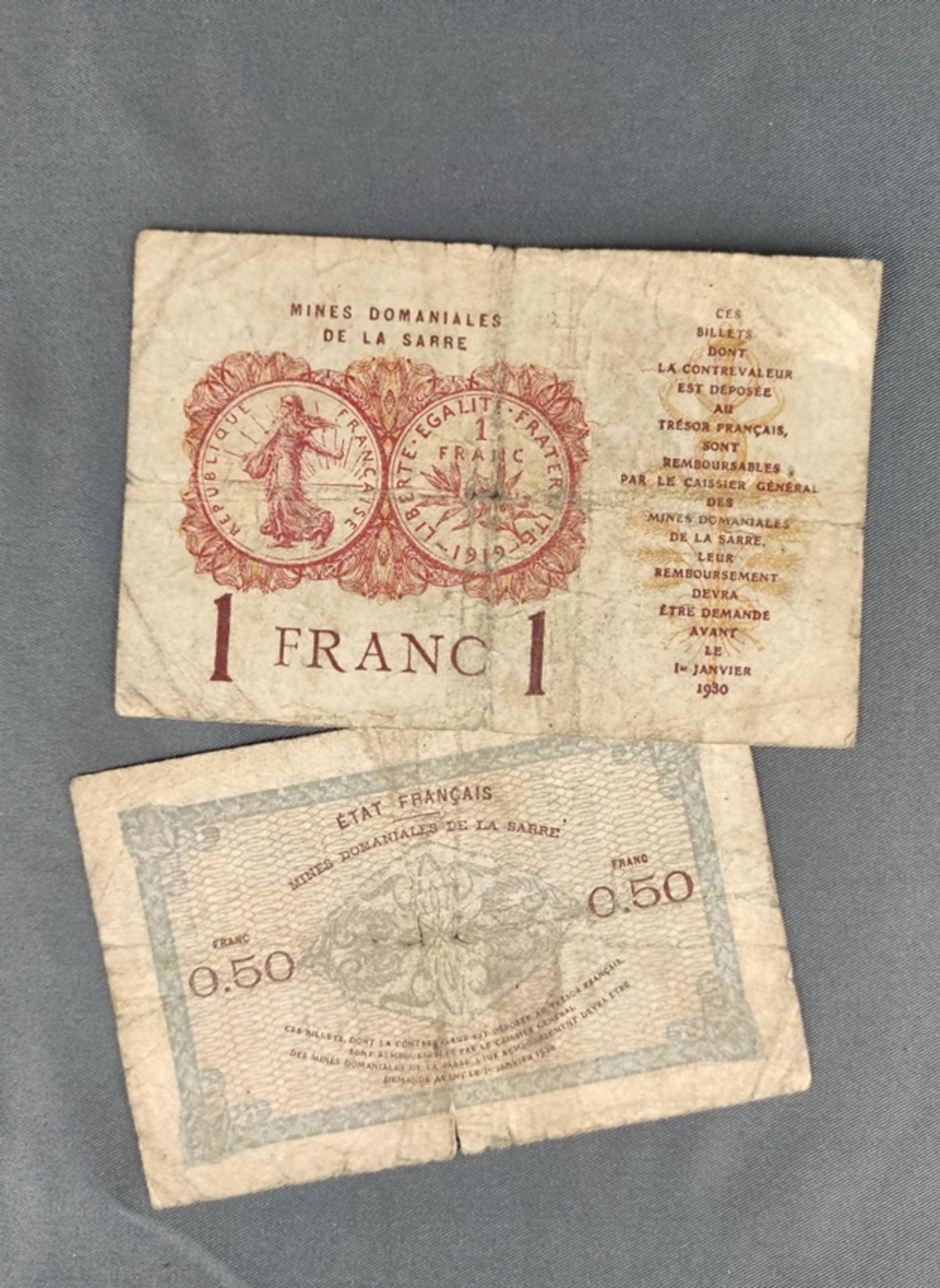 2 Scheine, Staatsminen der Saar, "Mines domaniales de la sarre", 50 centimes und 1 Franc 1919