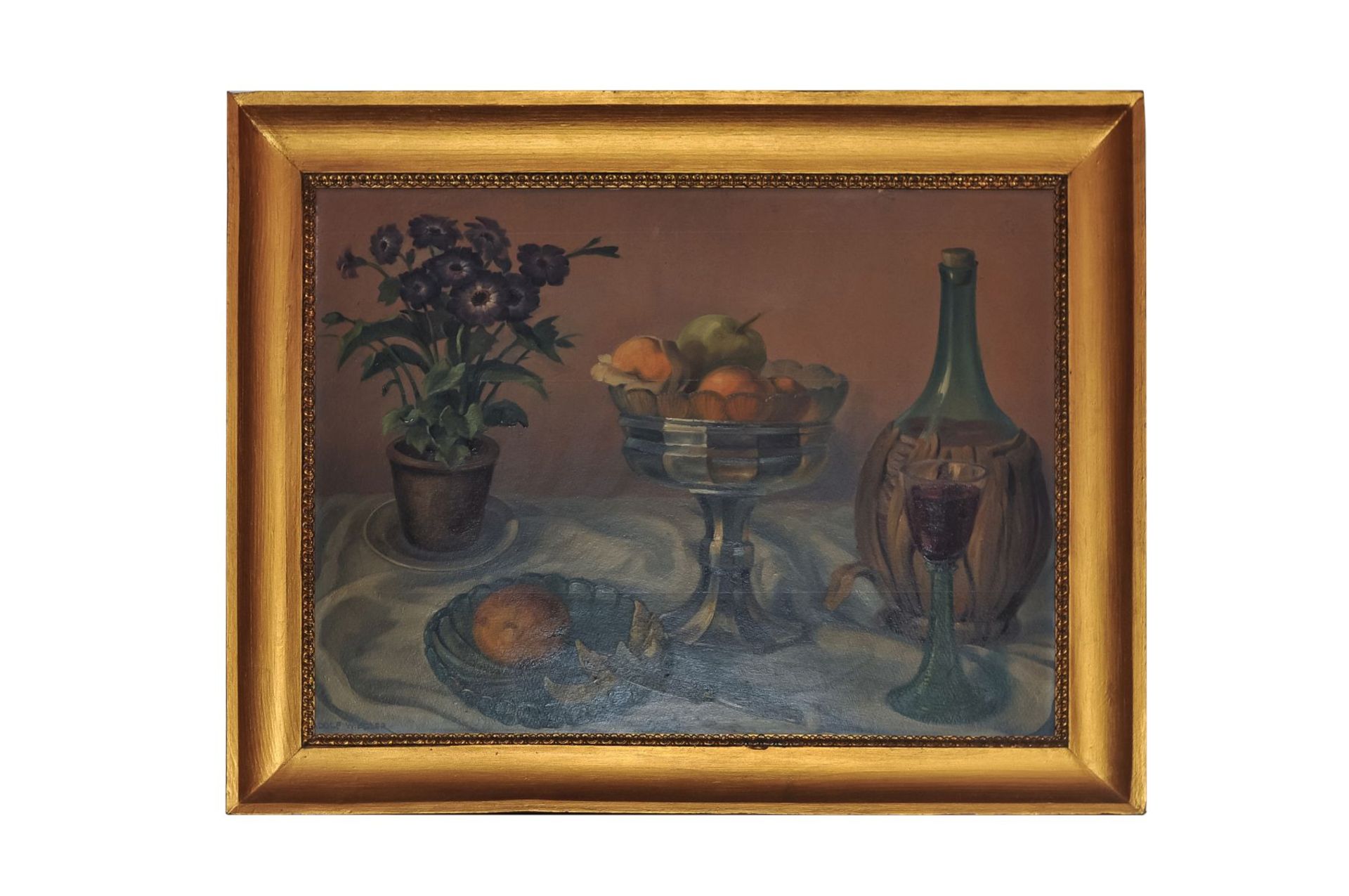 Adolf Wiesler (1878-1958) "Still life with fruits, flowers and a Chianti bottle"