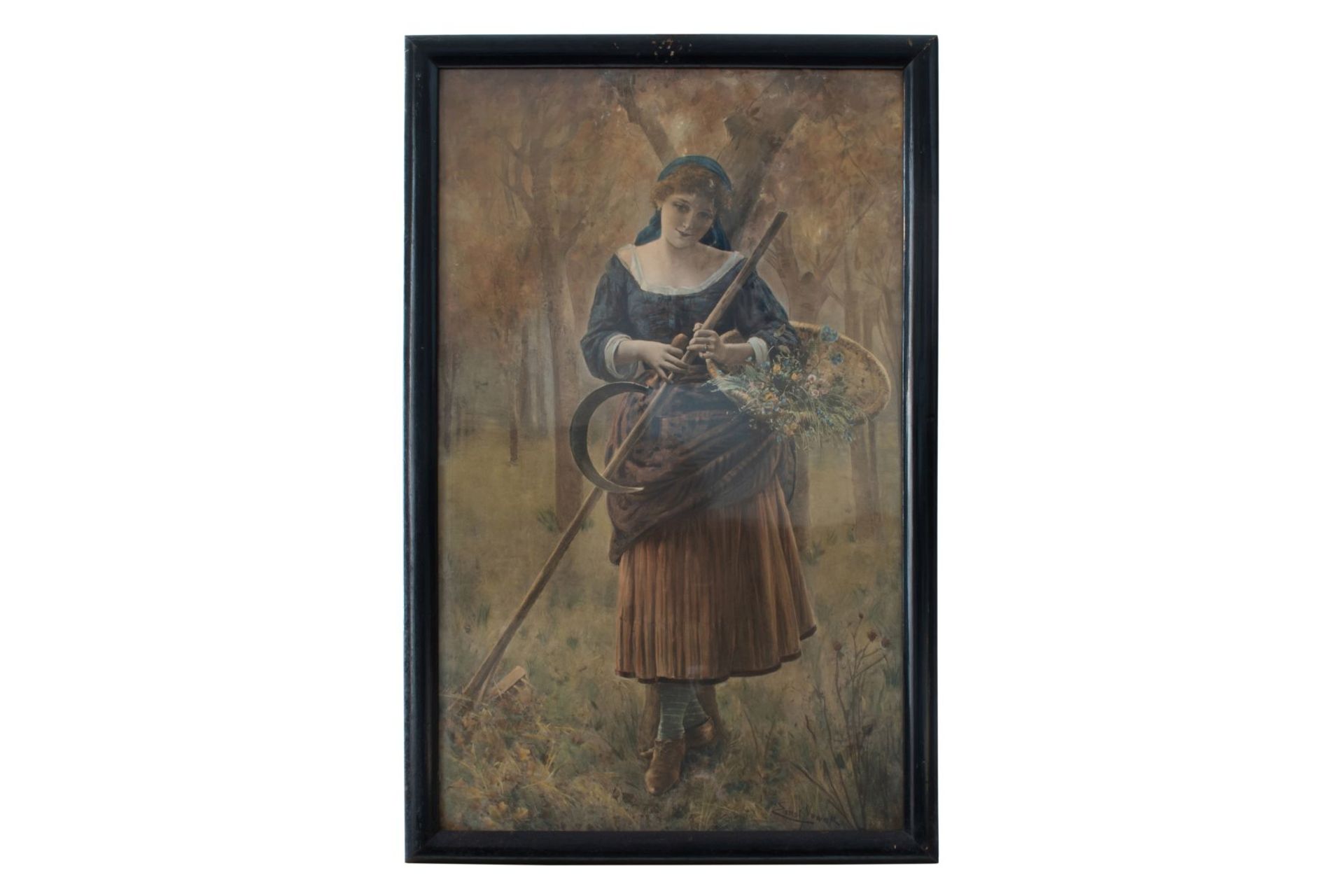 Artist of the 20th century "Young maid in a meadow with flower basket".