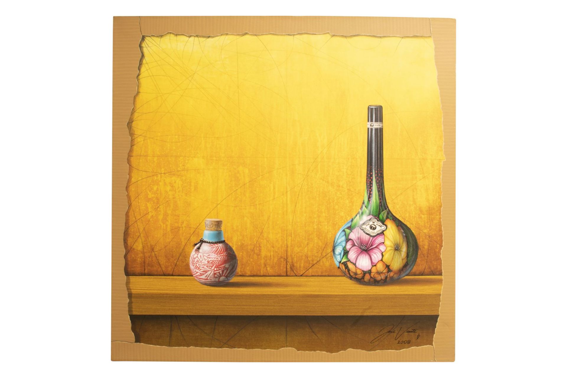 Jose Vicente (1977) "Painted wine bottle and small jar against colored background".