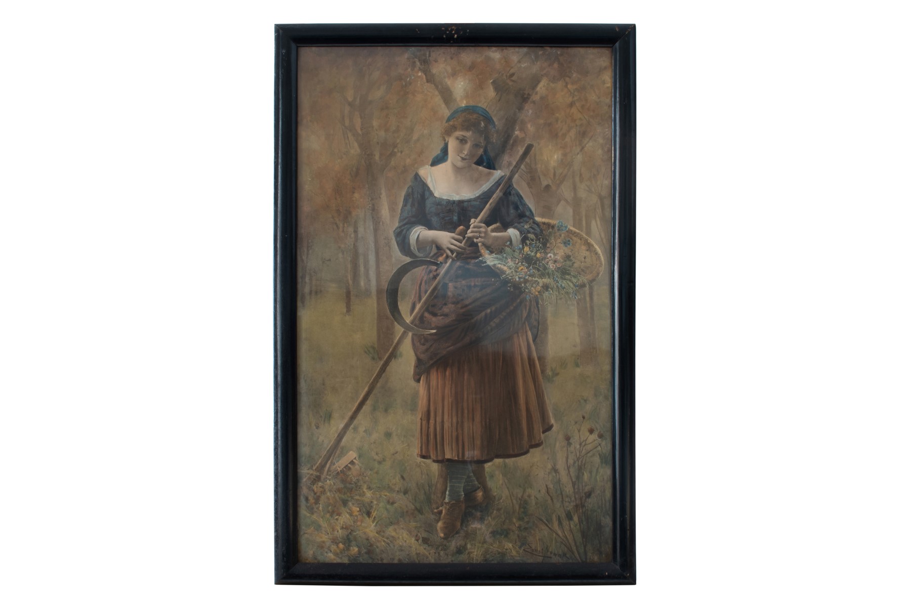 Artist of the 20th Century, Young maid on a meadow under flowering tree