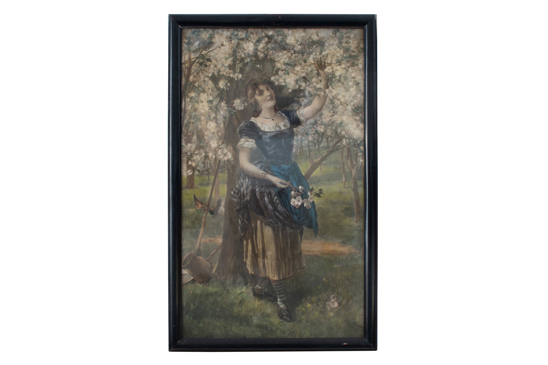 Artist of the 20th Century, Young maid on a meadow under flowering tree