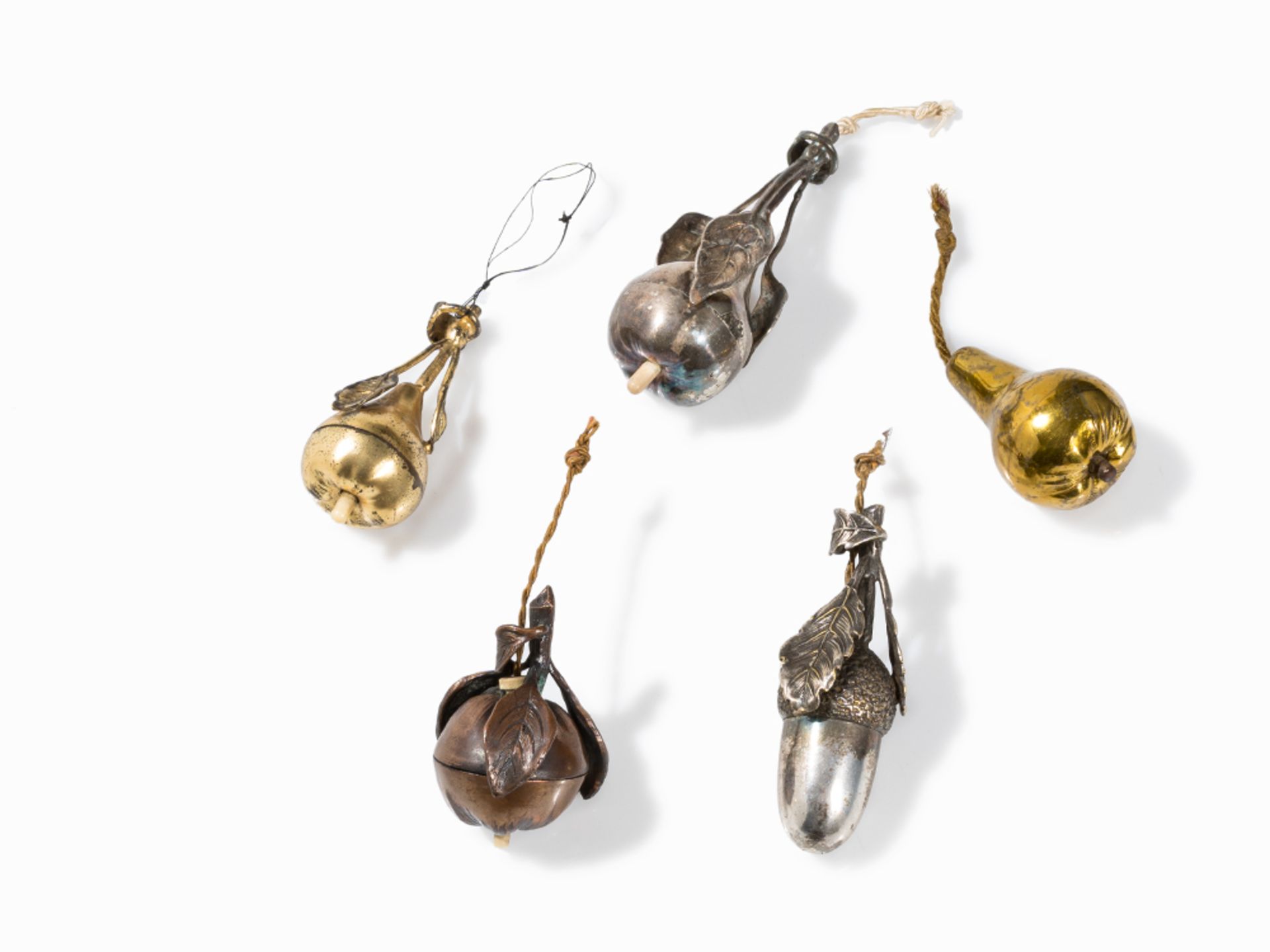 5 Hanging Bell Pusher in the Shape of Vegetal Elements, 20th C.
